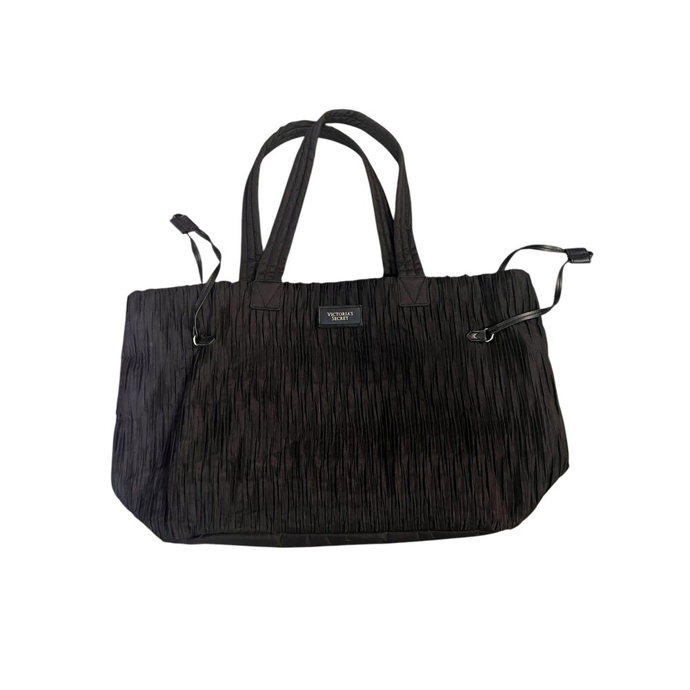 Victoria's Secret Ruched Tote Weekend Bag, Black Draw String Sides‎ Zip VS Logo
